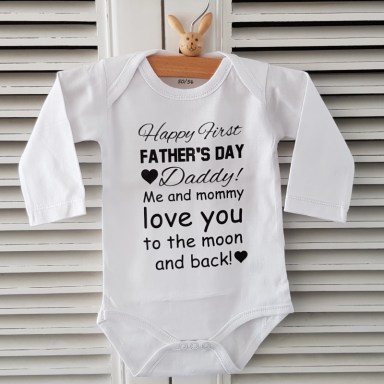 Romper, vaderdag,tekst, Happy, first, father’s, Day, daddy, mommy, love, moon, back