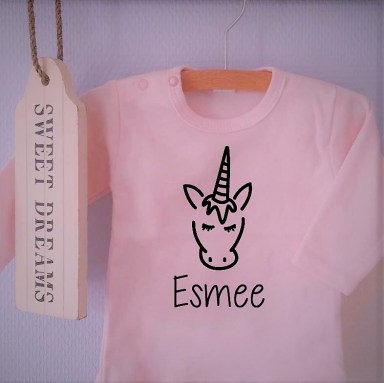 Baby Rompertje met leuke grappige tekst bedrukken meisje roze tekening eenhoorn unicorn Naam en Leeftijd 1 2 jaar 